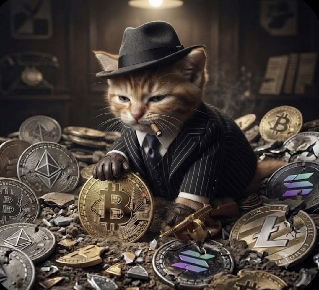 Buy The Cat meme — mob boss kitten in a suit on a pile of Bitcoin