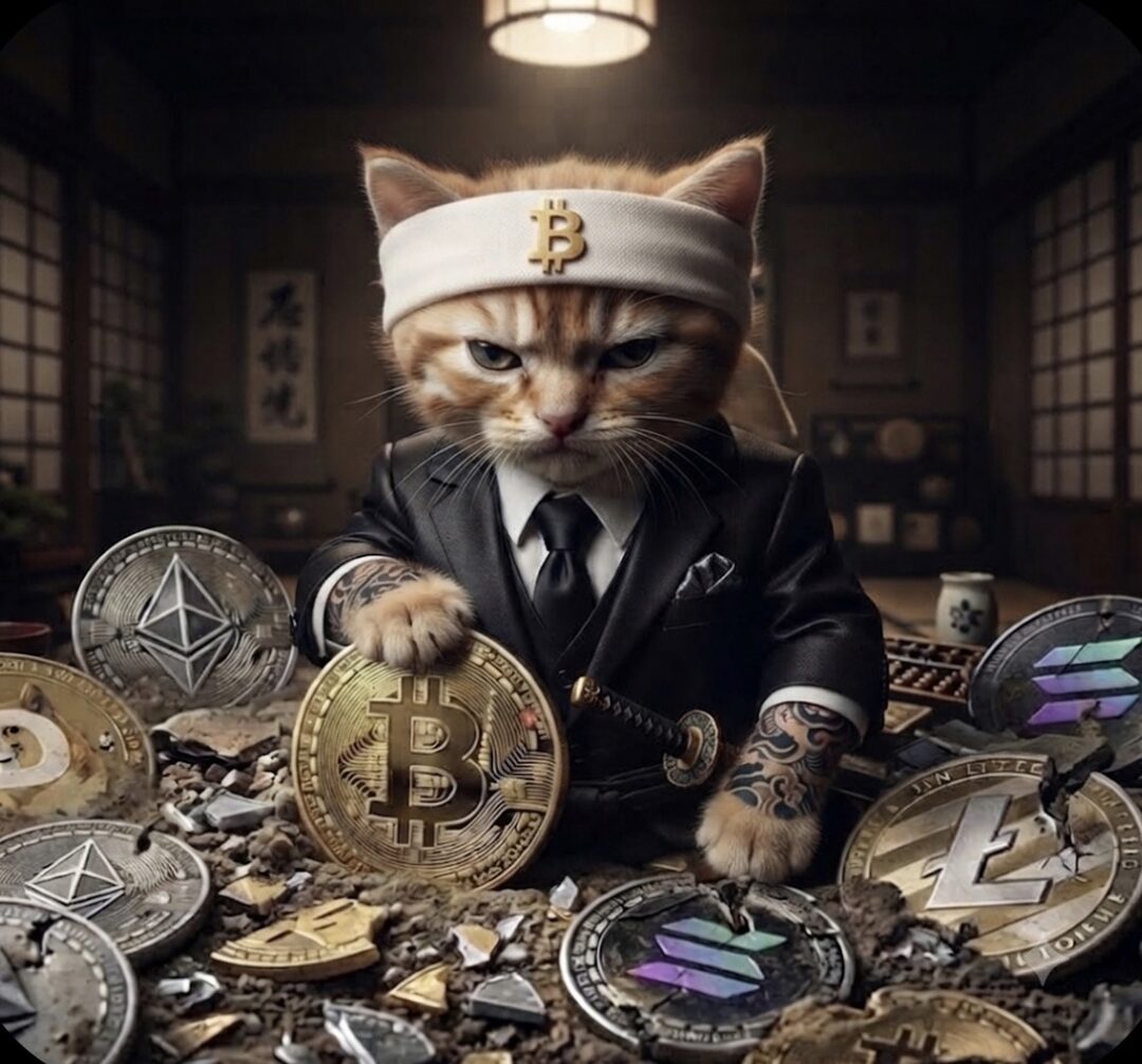 Buy The Cat meme — naval officer cat with Bitcoin