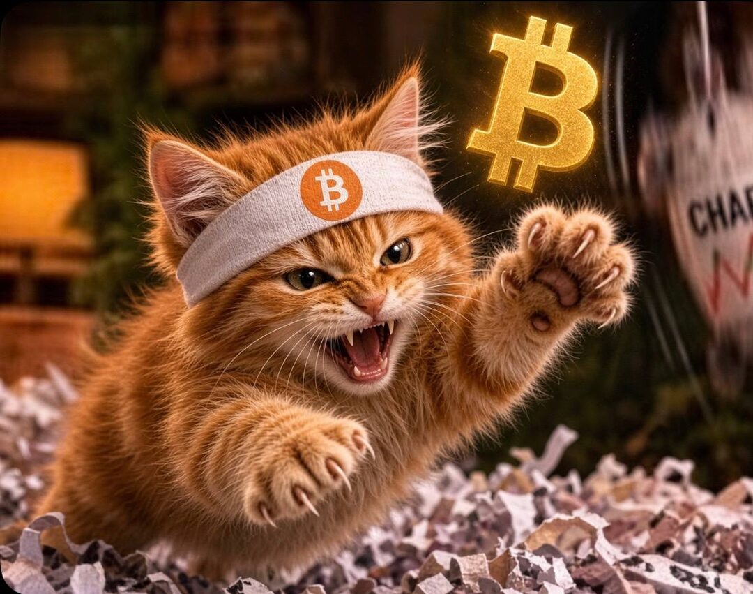 Buy The Cat meme — headband cat pumping Bitcoin