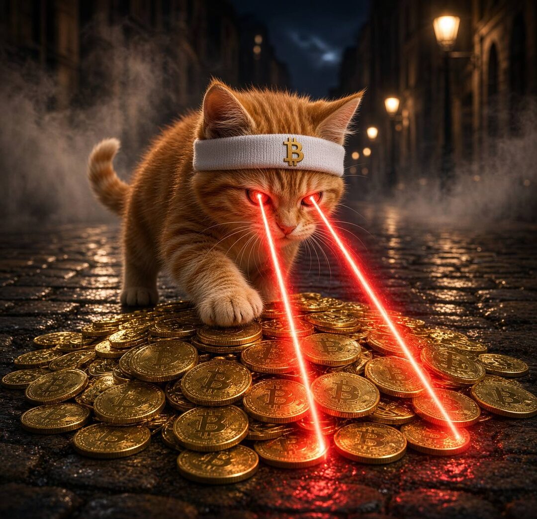Buy The Cat meme — orange laser-eyes cat