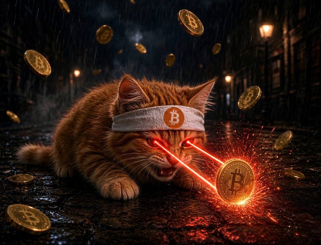 Buy The Cat meme — laser-eyes cat in the dark