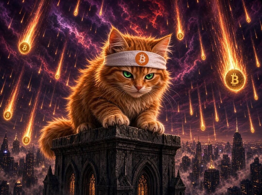 Buy The Cat meme — raining Bitcoin on the cat