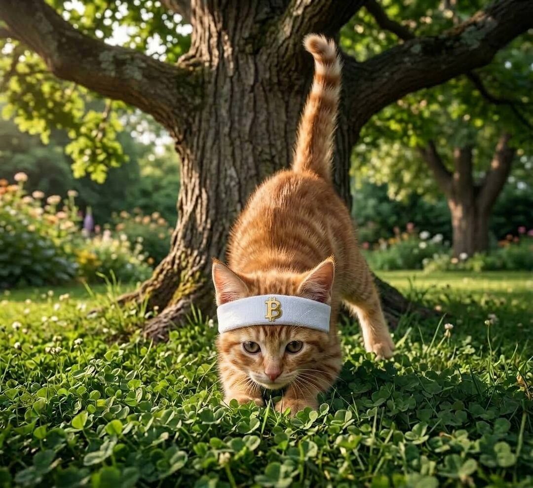 Buy The Cat meme — orchard cat among the trees