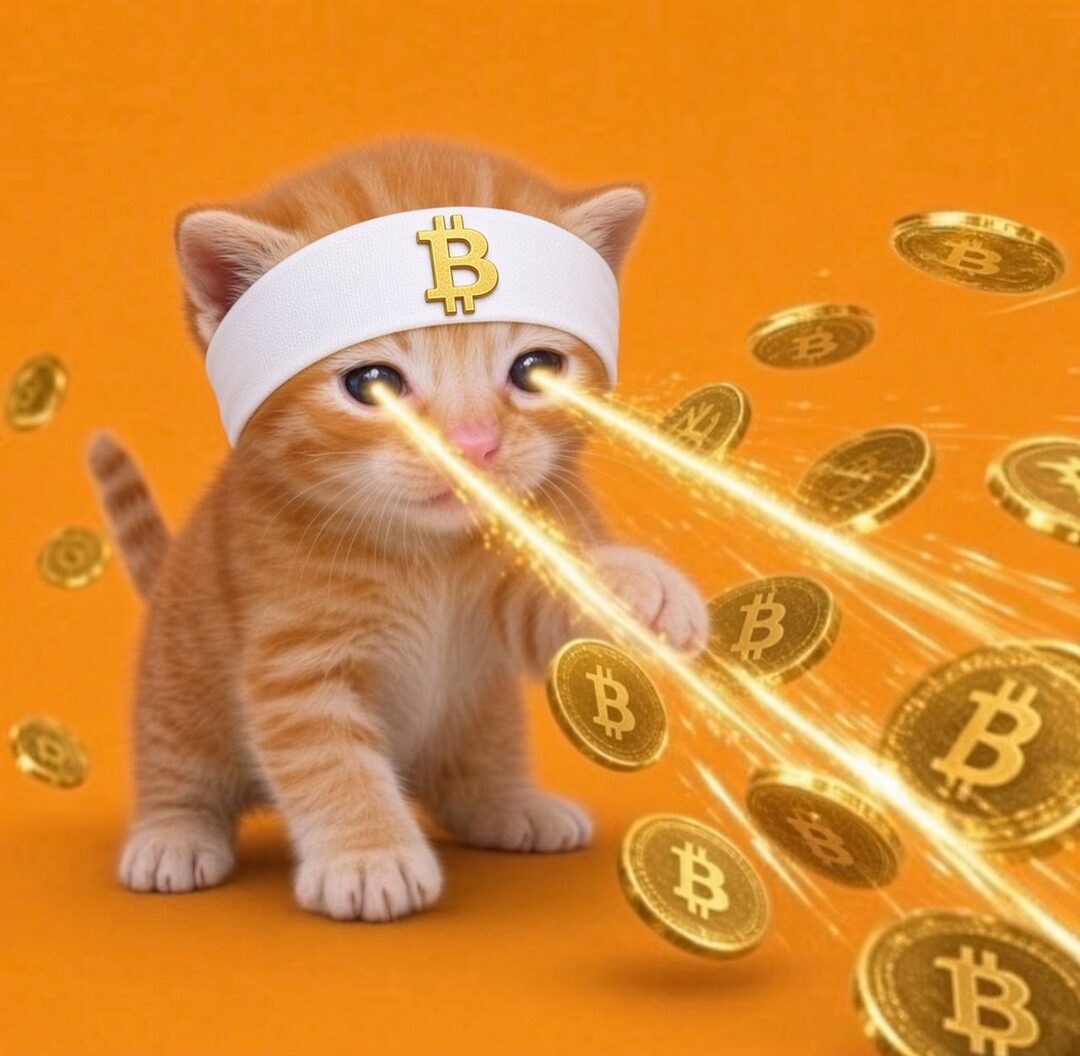 Buy The Cat meme — laser kitten on the orange banner