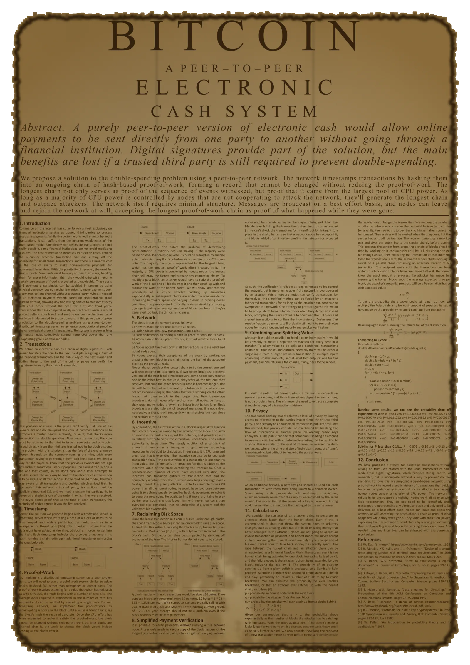 The Bitcoin whitepaper — all nine pages, aged like a very old parchment